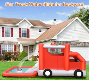 Inflatable Fire Truck Bounce Castle & Water Slide for Kids – The Ultimate Backyard Adventure