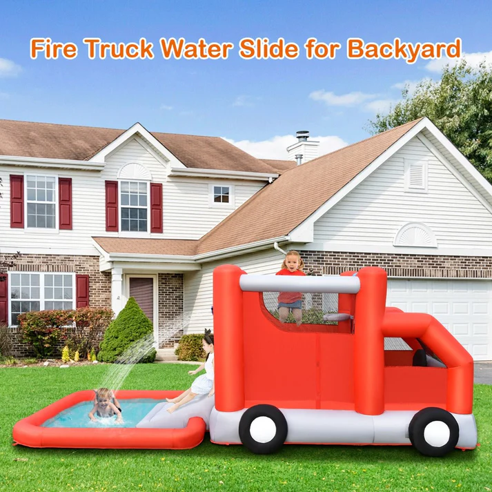 Inflatable Fire Truck Bounce Castle & Water Slide for Kids – The Ultimate Backyard Adventure