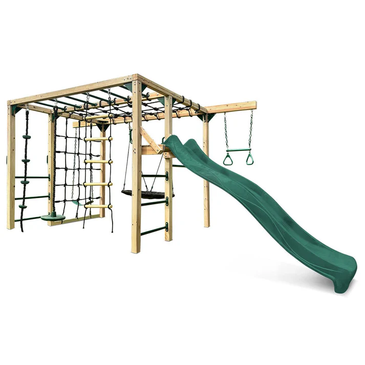 Transform Your Backyard into an Adventure Playground with the Orangutan Climbing Cube Jungle Gym + Green Slide