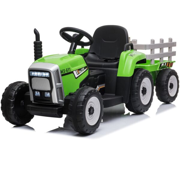 Green 12V Ride-On Tractor with Trailer – Fun, Functionality, and Music All in One!